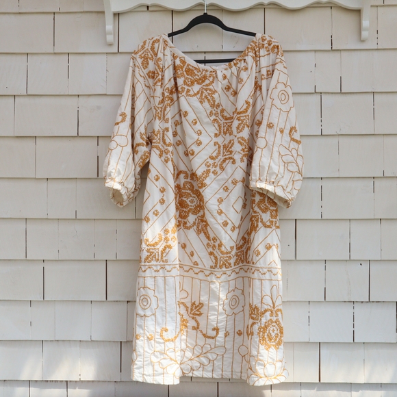 Upcycled Cross Stitched Hand Embroidered White and Gold Dress L XL - Picture 9 of 13